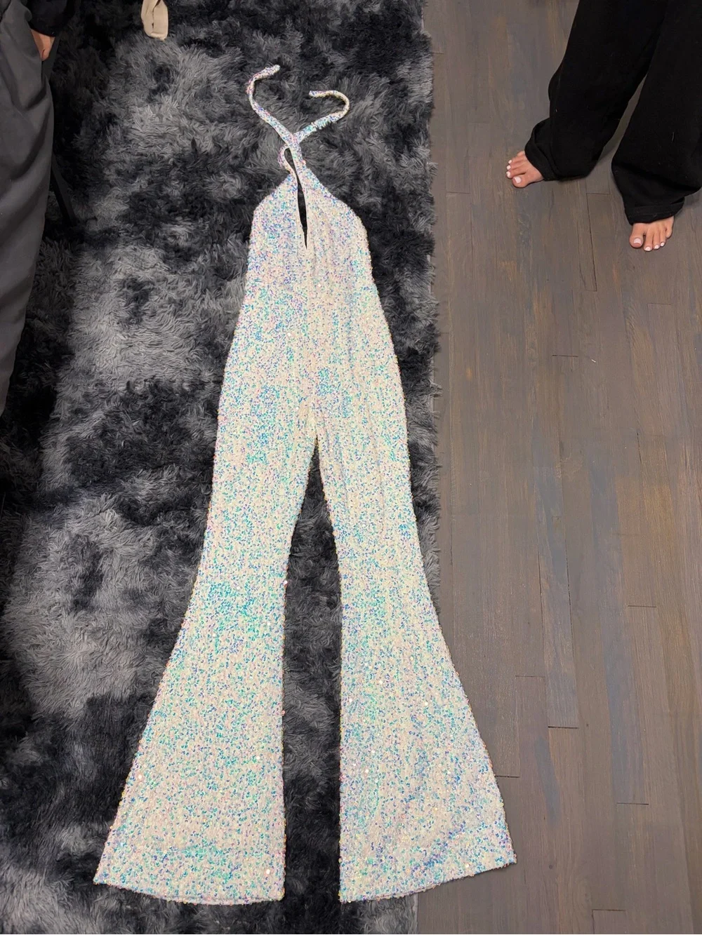 Show Me Your MuMu Iridescent Sequin Halter Flare Jumpsuit